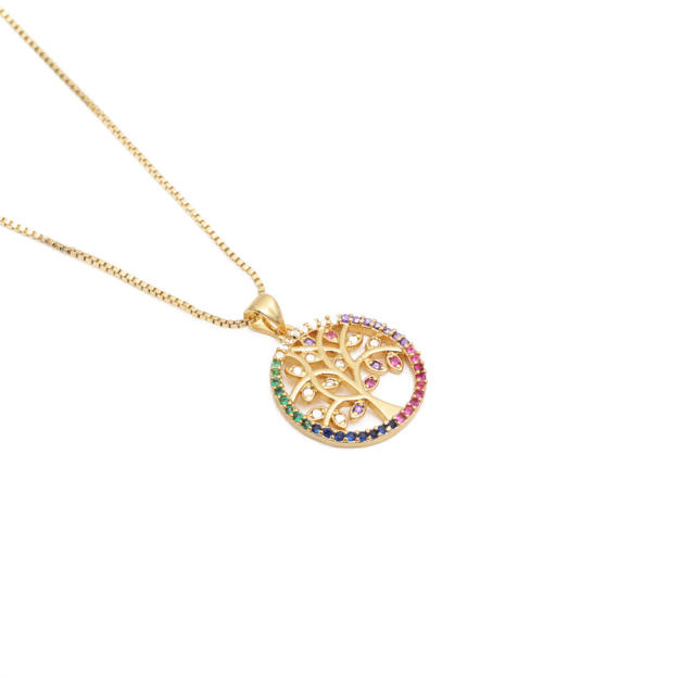 Classic rainbow cubic zircon life tree pendant copper necklace