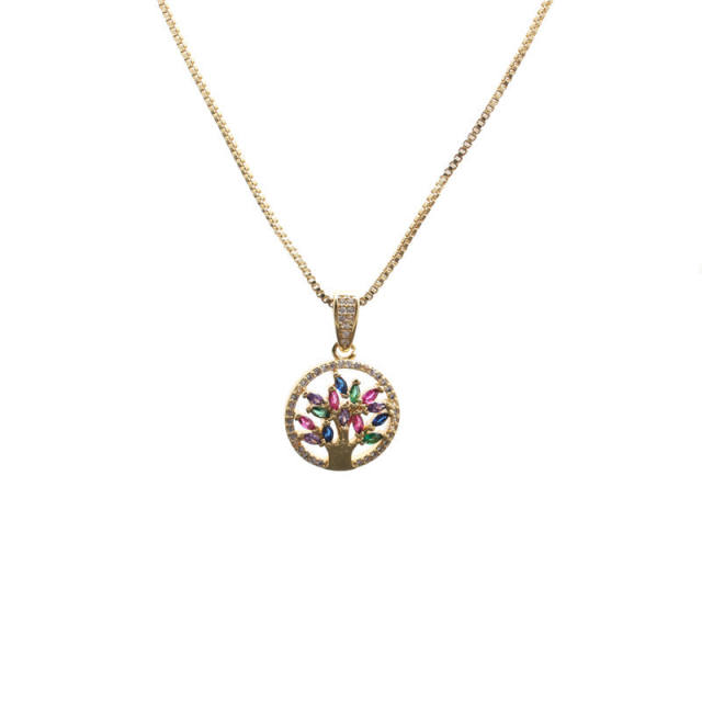 Classic rainbow cubic zircon life tree pendant copper necklace