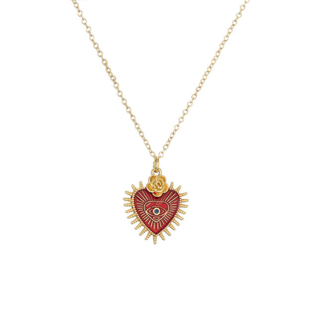 Elegant rainbow cubic zircon heart enamel copper necklace