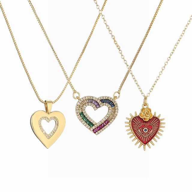 Elegant rainbow cubic zircon heart enamel copper necklace