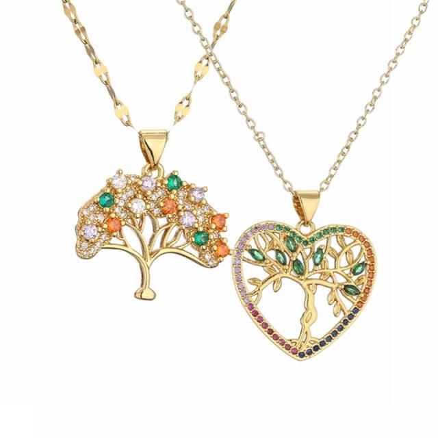 Classic rainbow cubic zircon life tree pendant copper necklace