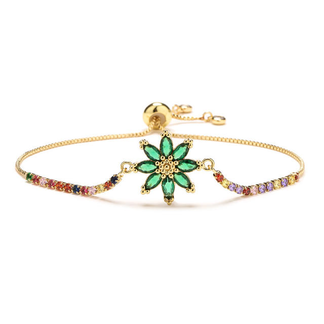 Elegant rainbow cubic zircon flower copper bracelet