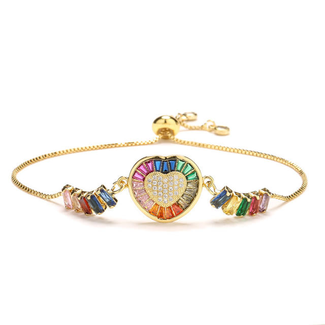 Delicate rainbow cubic zircon heart copper bracelet
