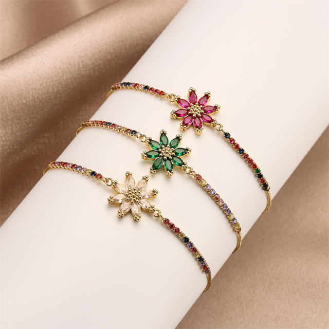 Elegant rainbow cubic zircon flower copper bracelet