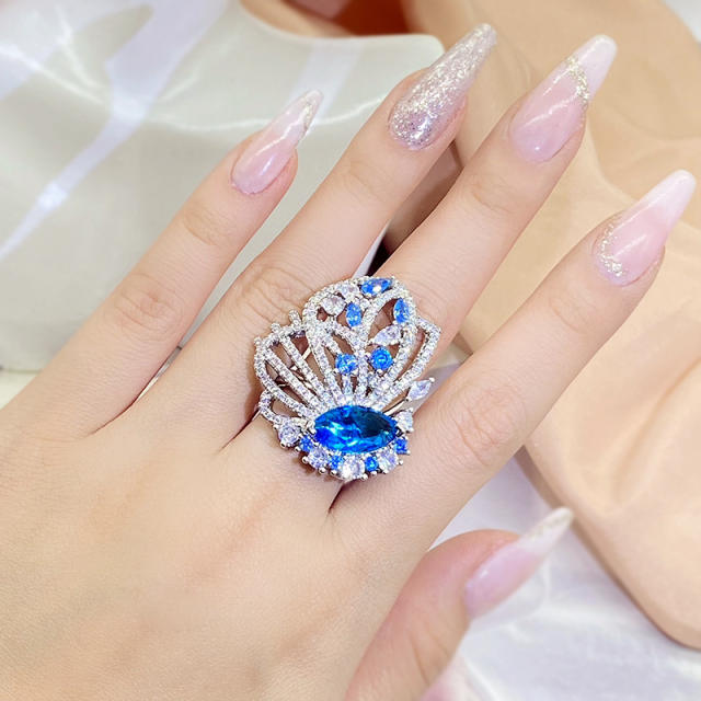 Super delicate pave setting cubic zircon blue butterfly copper rings