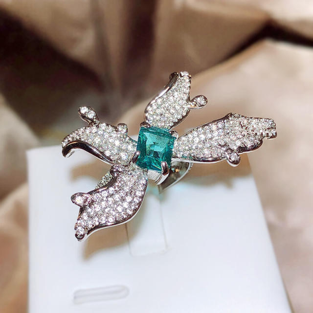 Personality green cubic zircon butterfly adjustable rings