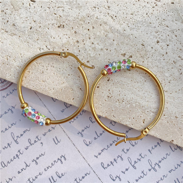 Colorful rhinestone stainless steel gold hoop earrings