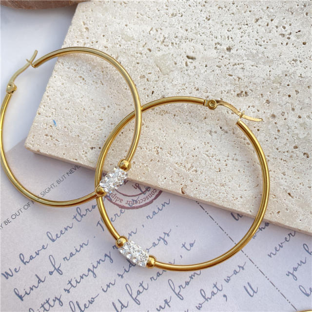 Colorful rhinestone stainless steel gold hoop earrings