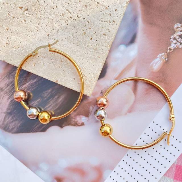 Personality spinner bead stainles steel gold hoop earrings