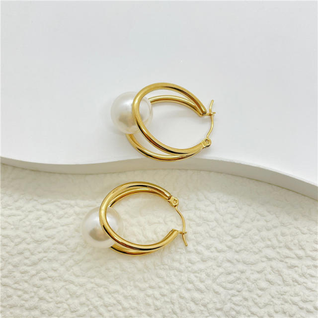 Elegant pearl bead stainless steel hoop earrings