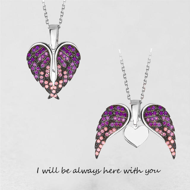 Fashionable colorful rhinestone heart shape locket engraved necklace