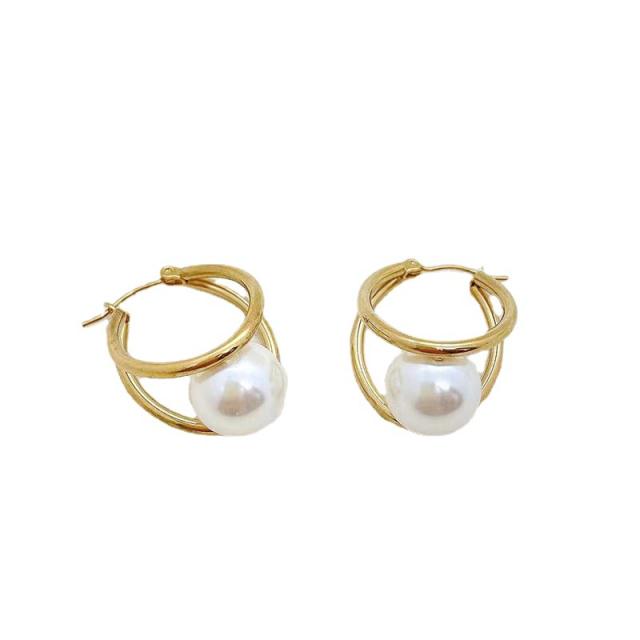 Elegant pearl bead stainless steel hoop earrings