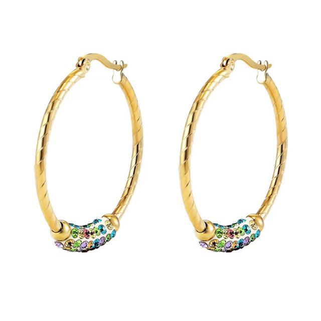 Colorful rhinestone stainless steel gold hoop earrings