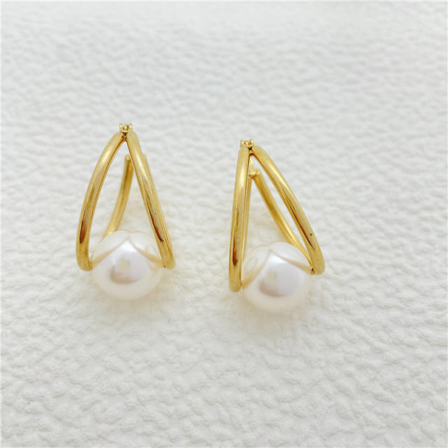 Elegant pearl bead stainless steel hoop earrings