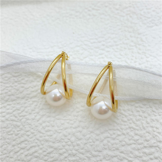 Elegant pearl bead stainless steel hoop earrings