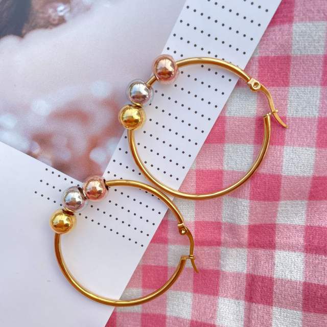 Personality spinner bead stainles steel gold hoop earrings