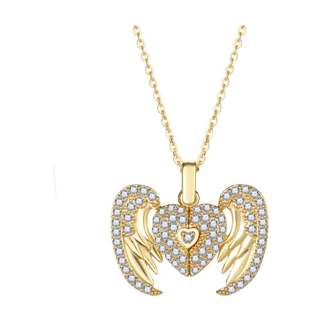 Creative rhinestone butterfly wing locket engraved necklace