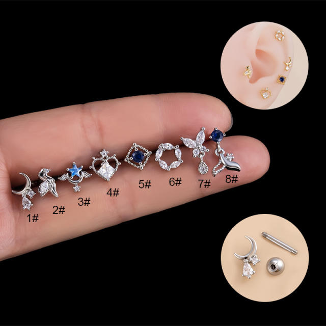Cubic zircon butterfly drop cartilage ear studs(1pcs price)