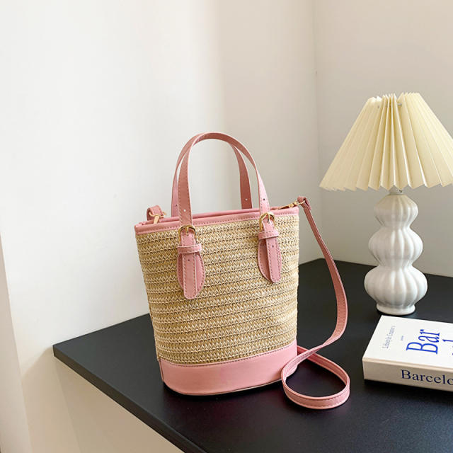 Korean fashion pu leather matching straw bucket bag