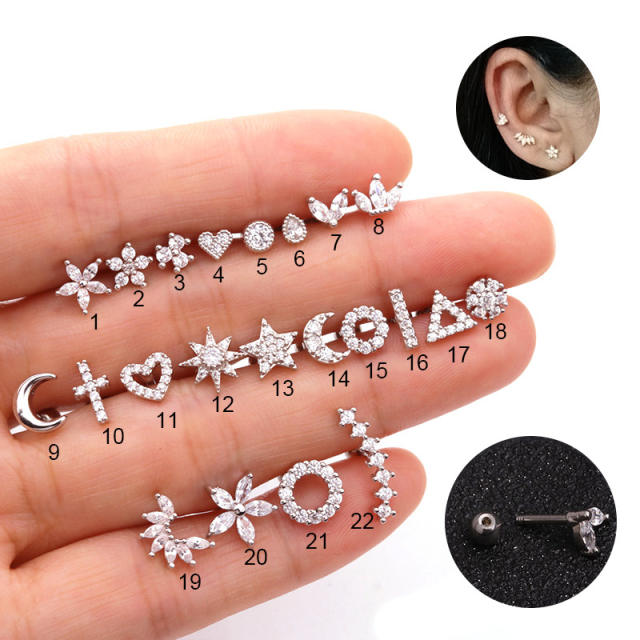 Elegant cubic zircon cartilage ear studs(1pcs price)