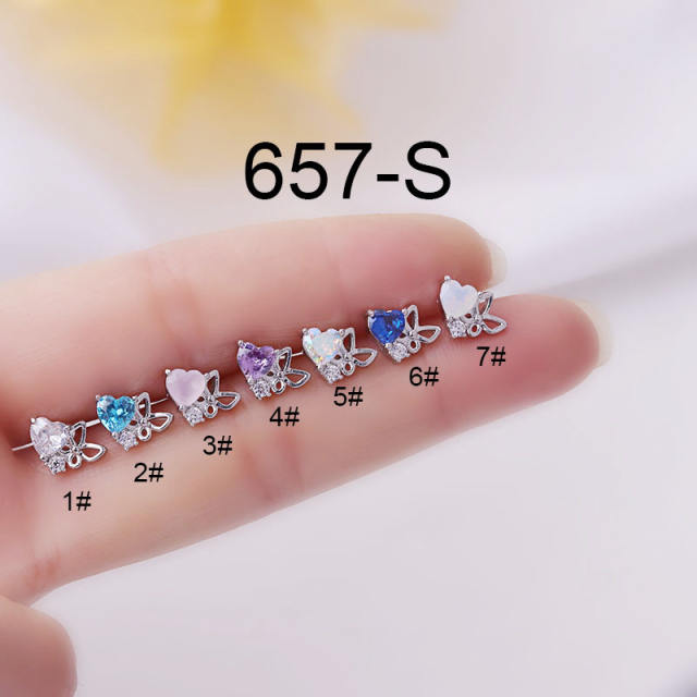 Cubic zircon coloful heart butterfly cartilage ear studs(1pcs price)