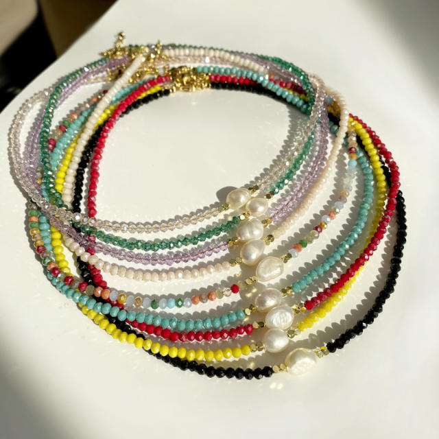 Boho Real pearl colorful crystal beads choker necklace