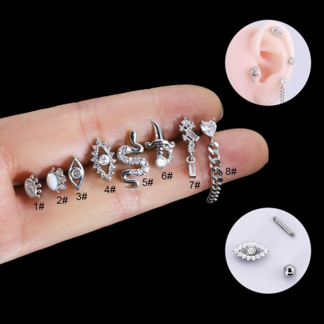 Cubic zircon snake chain stainless steel cartilage ear studs(1pcs price)