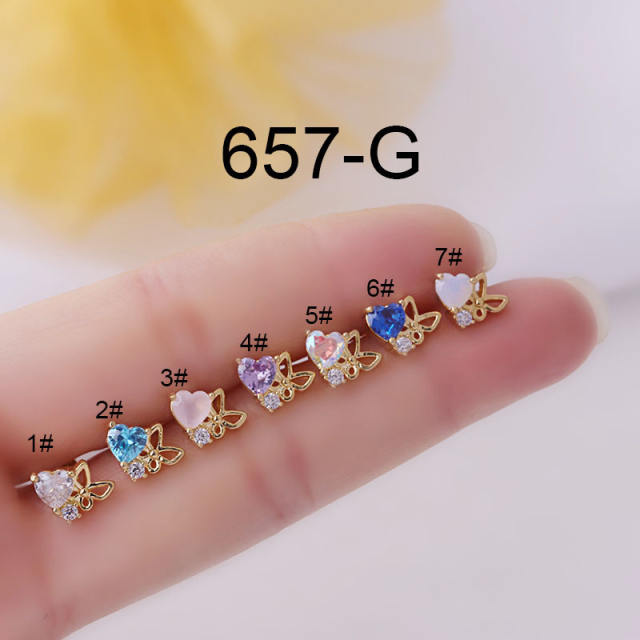 Cubic zircon coloful heart butterfly cartilage ear studs(1pcs price)