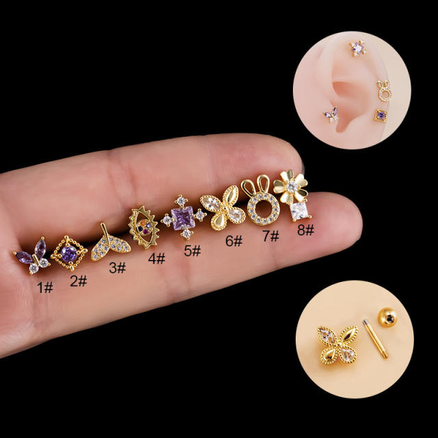 Purple cubic zircon butterfly cartilage ear studs(1pcs price)