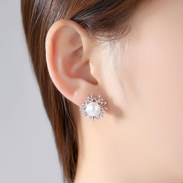 Sterling silver cubic zircon pearl studs earrings