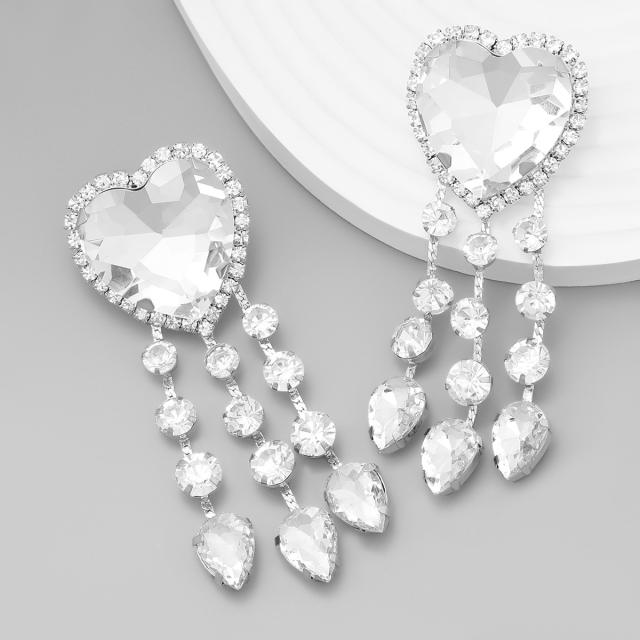 Elegant super delicate glass crystal statement heart tassel earrings