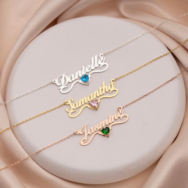 Hot sale birthstone two layer stainless steel nameplate necklace