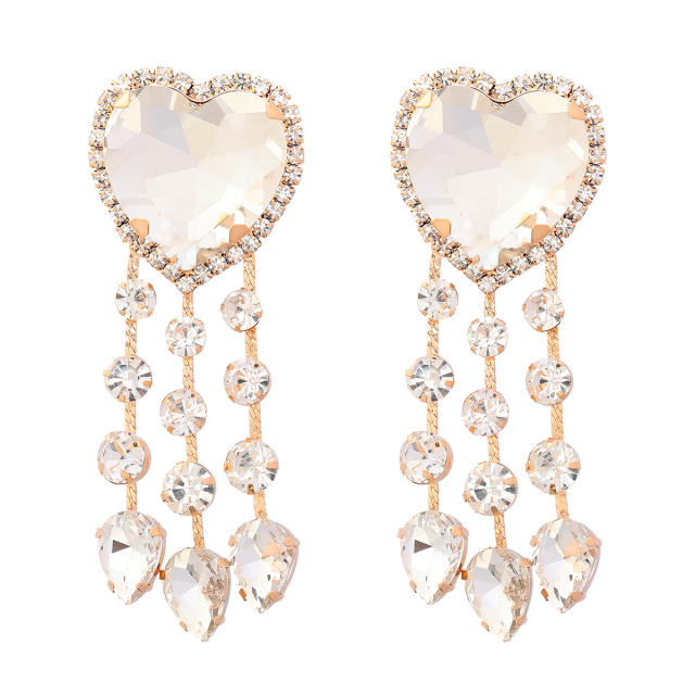 Elegant super delicate glass crystal statement heart tassel earrings
