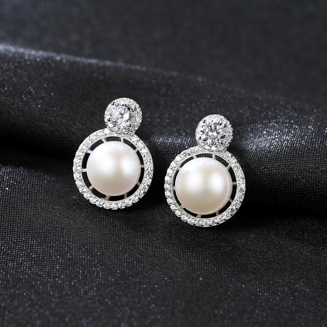 Sterling silver cubic zircon black pearl studs earrings