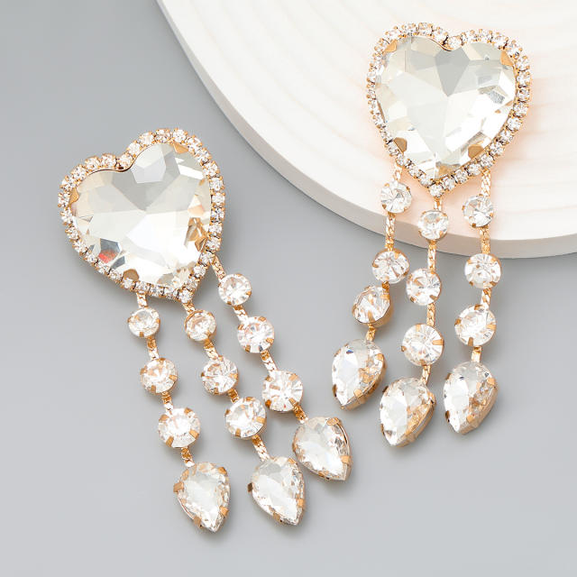 Elegant super delicate glass crystal statement heart tassel earrings