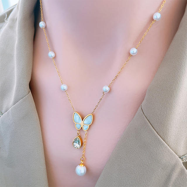 Korean fashion shell butterfly pearl bead stainless steel necklace