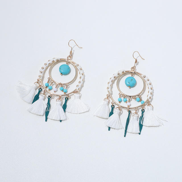 Boho blue color rope tassel circle dangle earrings