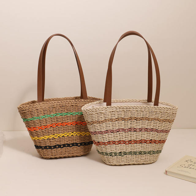 Colorful wave pattern beach bag straw bag