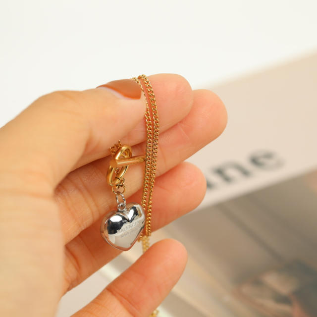 INS trend two tone heart pendant toggle necklace