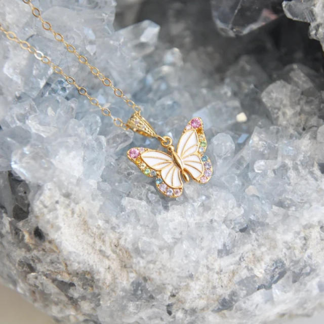 Vintage elegant white enamel color cubic zircon butterfly copper necklace