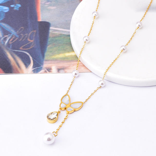 Korean fashion shell butterfly pearl bead stainless steel necklace