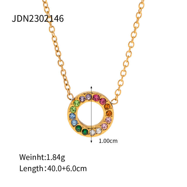 Delicate rainbow cubic zircon circle stainless steel necklace