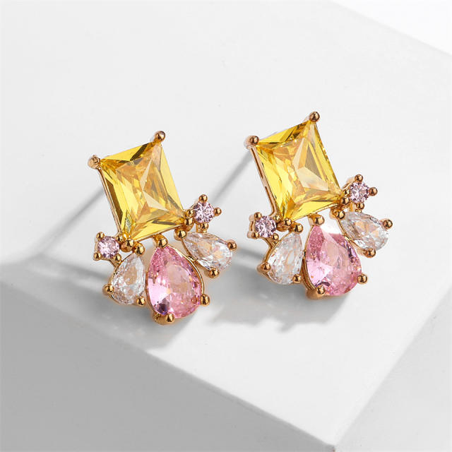 Spring pink cubic zircon copper studs earrings