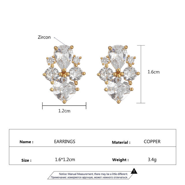 Occident fashion color cubic zircon copper studs earrings
