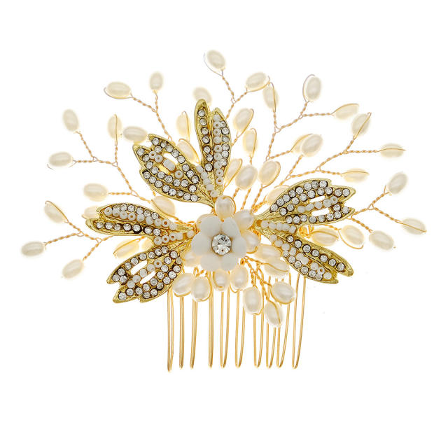 Chinese trend gold color leaf pearl hair combs