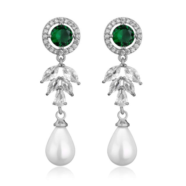 Luxury cubic zircon leaf design pearl drop diamond earrings