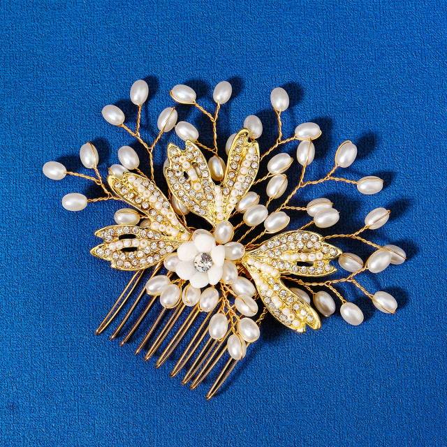 Chinese trend gold color leaf pearl hair combs
