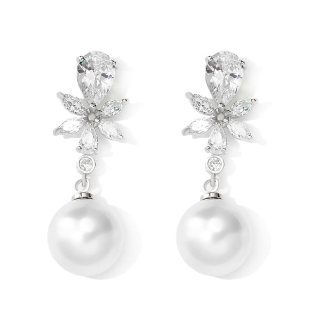 Elegant cubic zircon flower pearl drop copper earrings