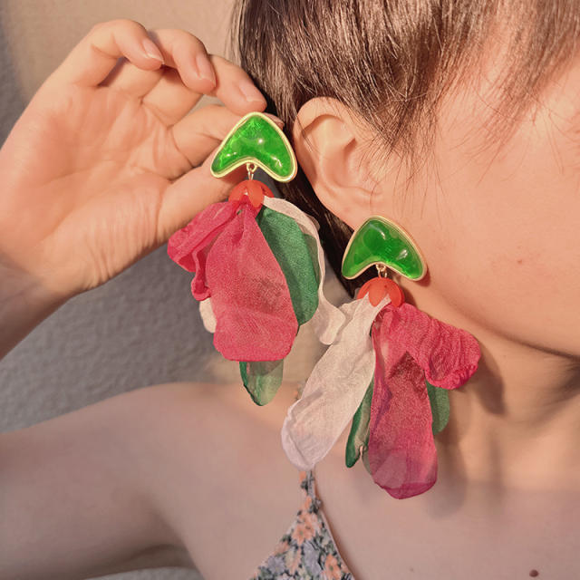 Summer design boho heart fabric flower earrings