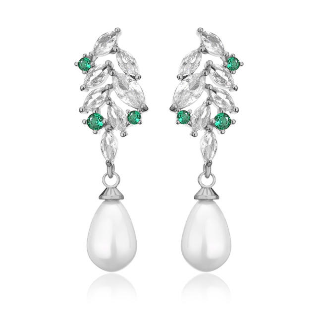 Chic design cubic zircon leaf pearl drop diamond earrings